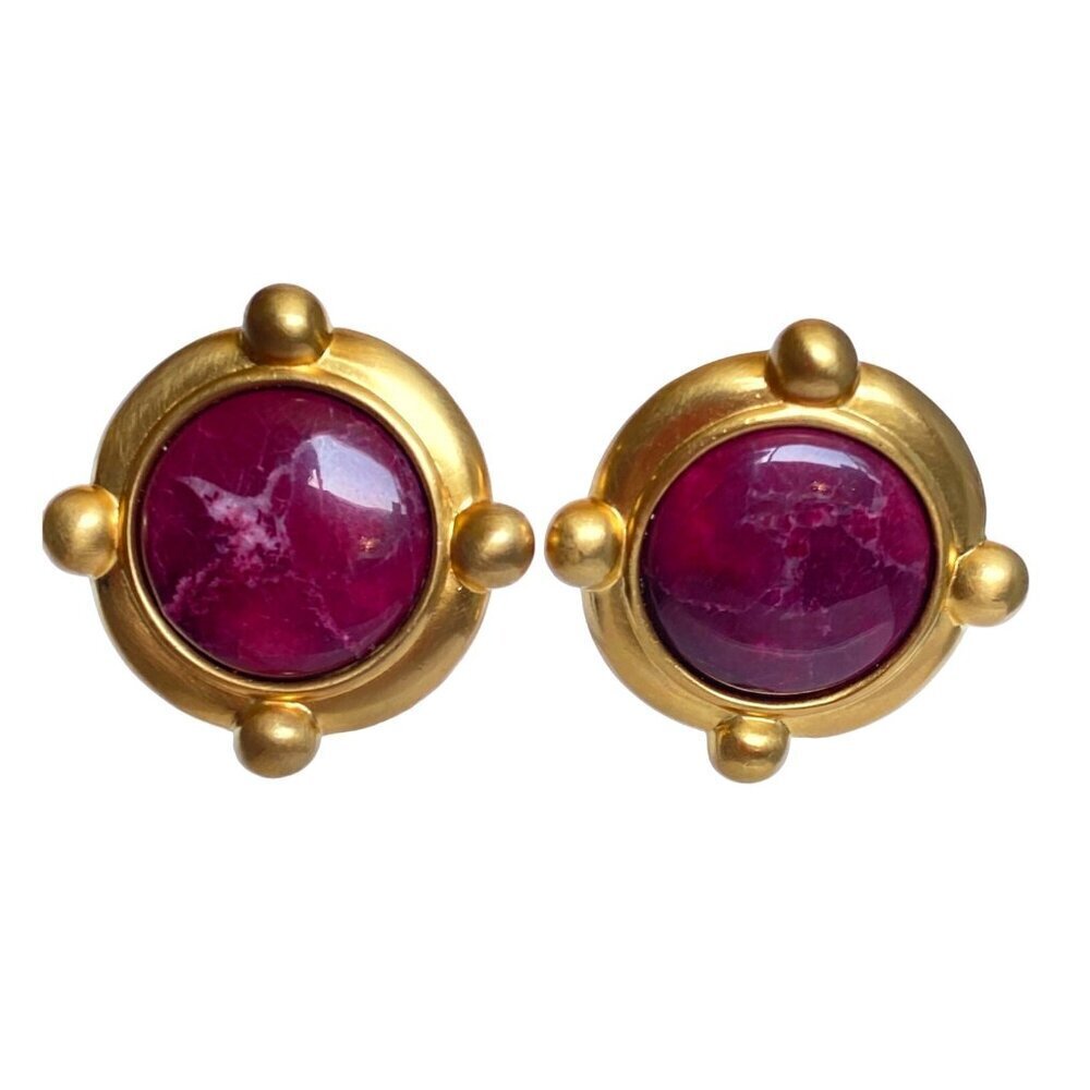 Anne Klein Couture Rare Vintage‎ 1980s Round Magenta Marble Cabochon Clip On OS